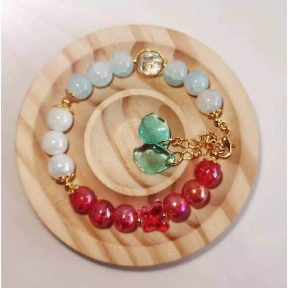 Red White Blue Wire Bracelet w Red Butterfly and Blue beaded Dangle Charms #329 - Picture 2 of 4